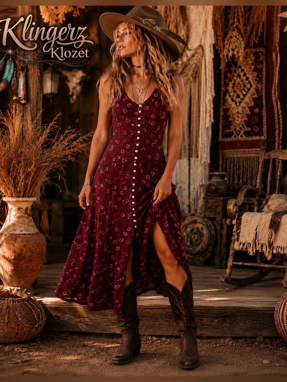 Vintage 90s Burgundy Floral Rayon Lace-Up Midi Dress Cottagecore Boho